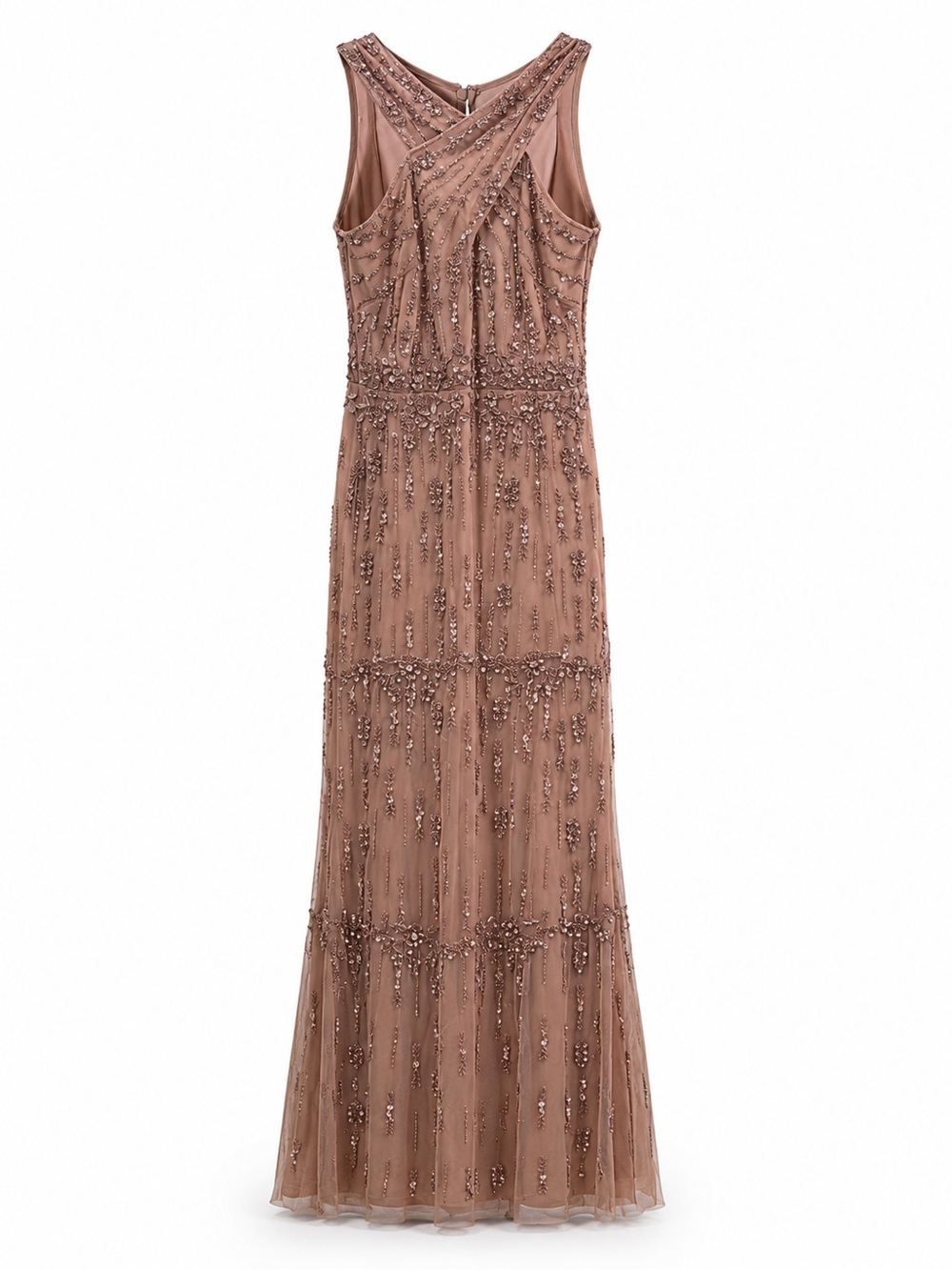 Adrianna Papell Blush Rose Gold Beaded Crisscross Maxi Evening Gown Size Size 2